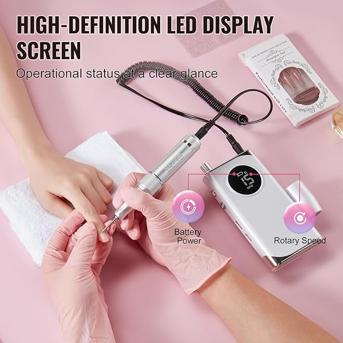 VEVOR Electric Rechargeable Nail Drill, 40,000RPM Portable Cordless Nail E File Machine, LCD-Display Acrylic Gel Grinder Tool with 6 Bits and 50PCS Sanding Bands for Manicure Pedicure Carve Polish
