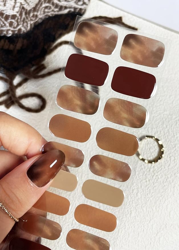 Semi Cured Gel Nail Strips (Amber), Brown, 20 Pcs Gel Nail Wraps, Stickers, Fall, Salon Quality, Works with Any UV Lamps