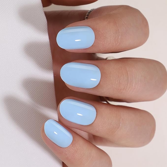 Press On Nails - Cloud Nine | Opaque Soft Pale Sky Blue Short Oval Fake Nails, Salon Quality | 32 Nails, 16 Sizes Kit with Glue and Adhesive Tabs I Female Founded