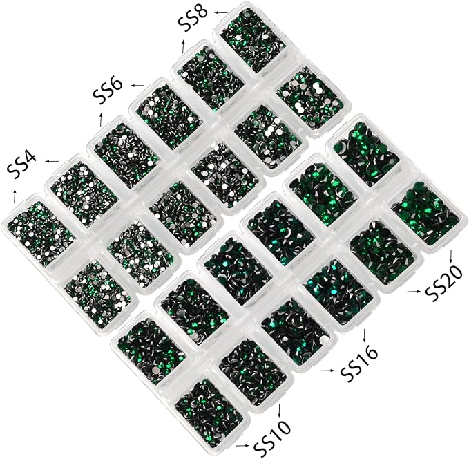 10000 Pieces Rhinestones 6 Sizes Round Crystal Glass Flat Back Rhinestones with 1Tweezers and 1Picking Pen for Nail Art Crafts Clothes Bags DIY (Emerald)