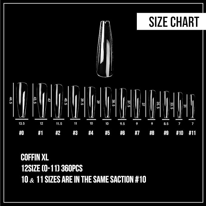 Nail Gel-X Natural Coffin X-Large Tips Set - NeVi USA Premium Quality, 360 Tips in 12 Sizes - Complete DIY Nail Extension Kit | No Size 00 Included #10&11 are in the same section #10