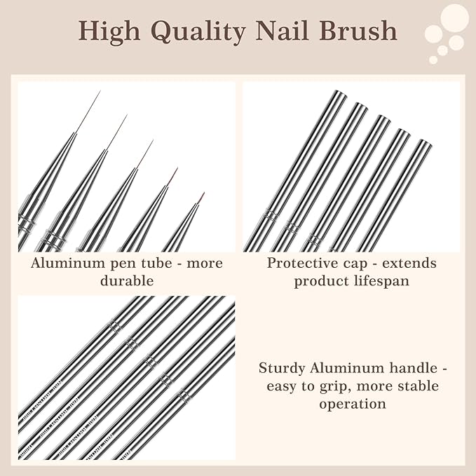 Laza Nail Art Brushes, 5pcs Nail Art Liner Brushes for UV Gel Polish, Painting Art Design Brush for Long Lines, Thin Details, Fine Drawing Sizes 6/9/12/15/18mm for Manicure DIY Nail Design