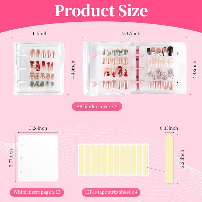 Press On Nail Organizer, 2Pcs Press On Nail Binder Book with 12 Insert Pages-A8 Sized & Double Sized Tape, Fake Nails Swatch Display Collecting Storage Book(Pink+White)