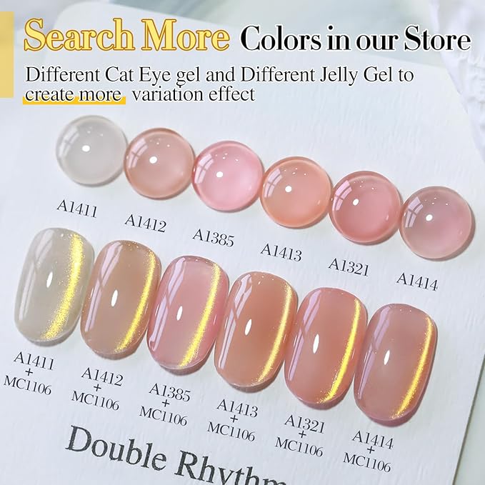 Double Rhythm 0.5 OZ Cat Eye Gel Polish with Magnet 15ML Holographic Glitter Shimmer Translucent Jelly Color Magnetic Polish Salon DIY at Home (Jelly Gold-MC1106)