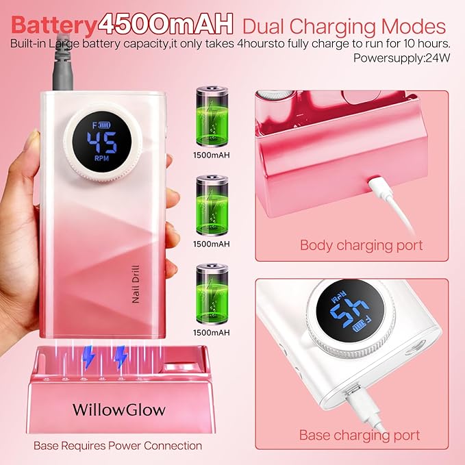 Professional Nail Drill with Charging Dock & Ceramic/Tungsten Bits, 45000RPM Stepless Speed Cordless Efile for Fast Acrylic Gel Removal, Electric Nail File Machine for Home Salon Use (Gradient Pink)