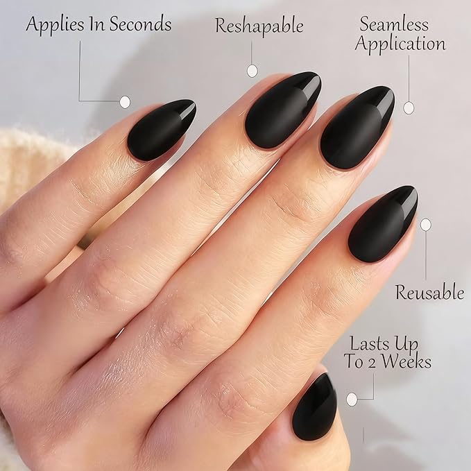 Press On Nails Short Almond Black Nails with Glossy French Tips in a Matte Finish 16 Sizes - 32 Nail Kit with Glue