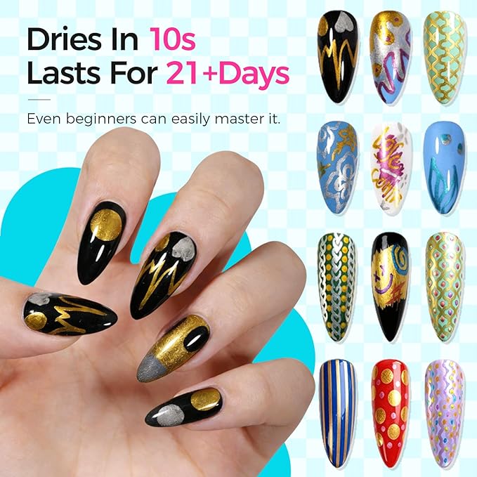 12 Colors Metallic Nail Art Pens Set, 0.5mm Nail Polish Pens Acrylic Paint Markers for Nails, Quick-Drying Glitter Nail Polish Pens for 3D Drawing, DIY Manicure Tools for Home & Salon