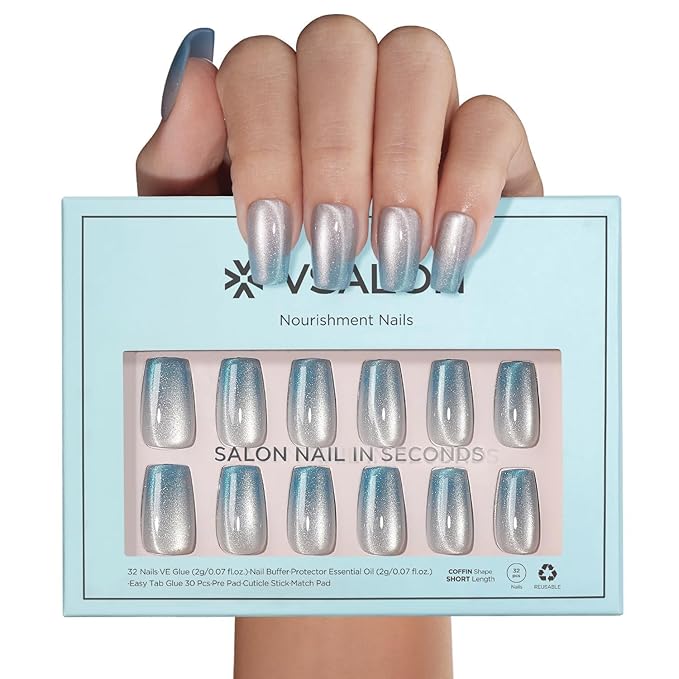 VSALON Press on Nails Medium Coffin, Ice Blue Cat Eye Chrome Shimmer Ombre Valentine Fake Nails, Reusable Soft Gel Semi-Transparent Glue on Nails, 32 Pcs in 16 Sizes Kits with Glue & Cuticle Oil