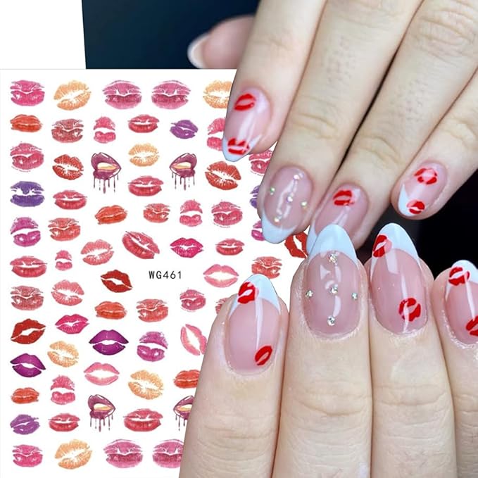 6 Sheets Valentines Day Nail Stickers for Nail Art Kit Sexy Red Lip Nail Decals 3D Self-Adhesive Colorful Lip Nails Design Valentines Nail Art Supplies for Women DIY Acrylic Manicure Salon