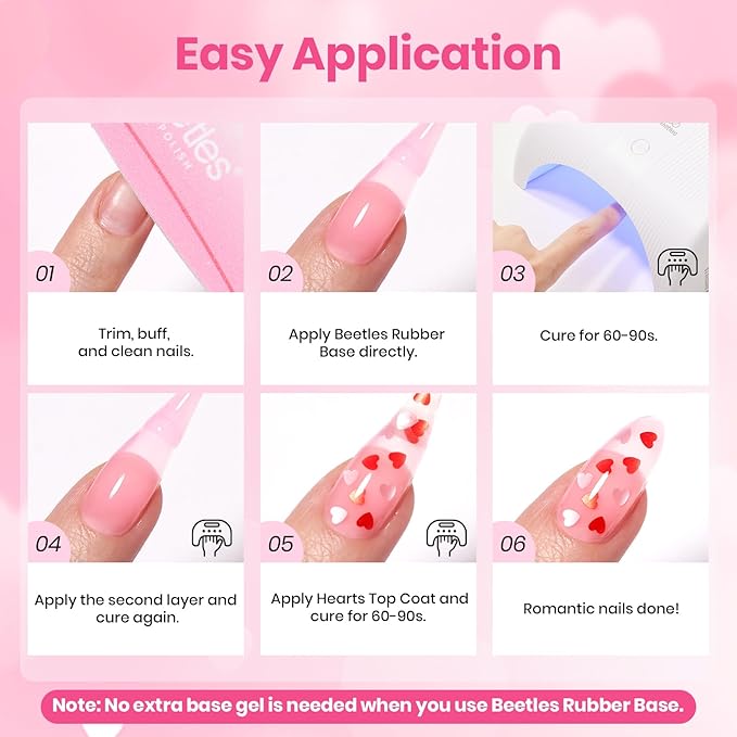 Beetles Rubber Base Gel Nail Polish with Gel Top Coat Pink & Red Heart Shape, 5 Colors Nude Gel Polish Pink Peach Neutral Sheer Nails Base Flexible U V LED Soak Off Gifts for Women