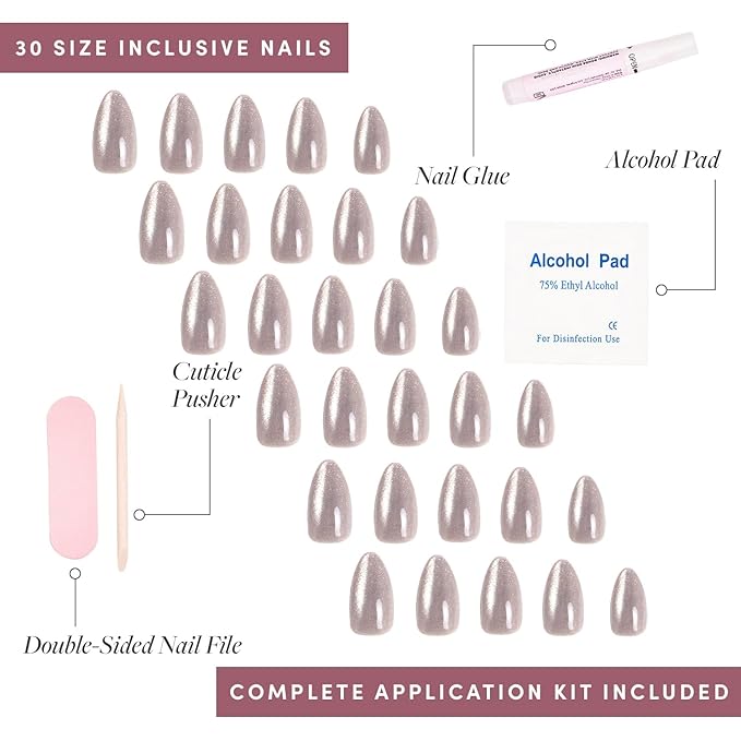 Glamnetic Press On Nails - Oslo Fake Nails | Short Almond Silver Shimmer Nails with a Cat Eye Finish | 15 Sizes - 30 Nail Kit with Glue