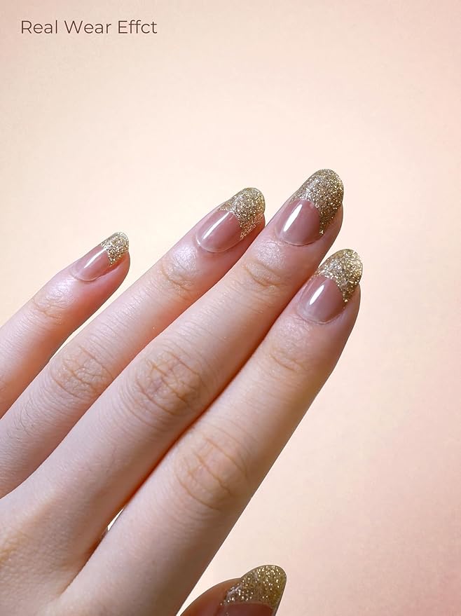 Pre Cured Gel Nail Strips - 44PCS Salon Quality Gel Nail Stickers - Long Lasting Polish Wraps for Women no UV Light Needed Easy Apply & Remove (Gold Haze