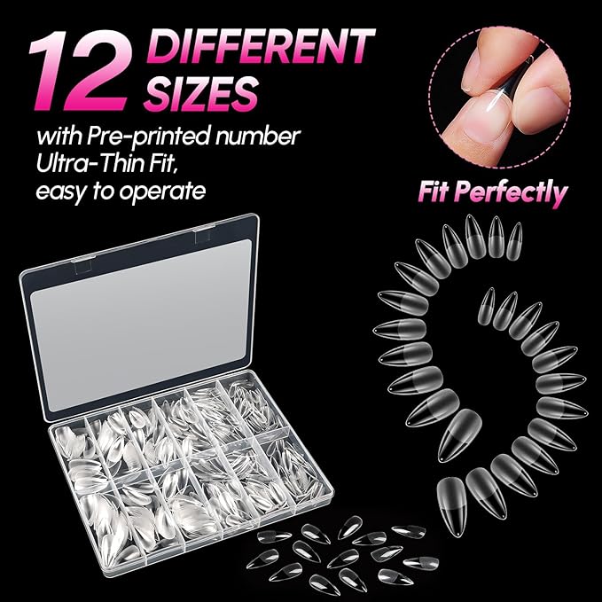 AIMEILI Long Stiletto Acrylic Nail tips Fake Nails, Pre-shape 504pcs Round Soft Gel Nail Tips Press on Nails for Full Cover False Nails 12 Sizes