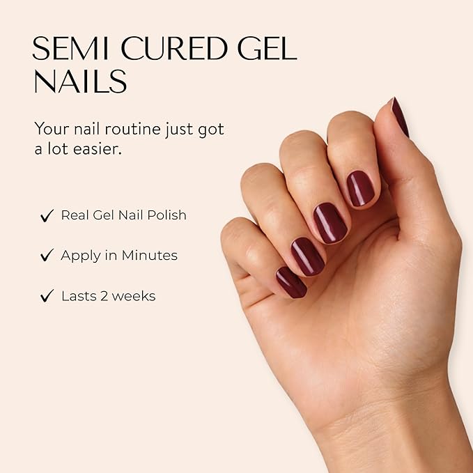 Ami Amour- Gel Nail Strips Cured Polish Color That Pops (Last 14+ Days) | Semi Cured Nail Sticker Wraps For Quick Easy Application (Cherry Red)