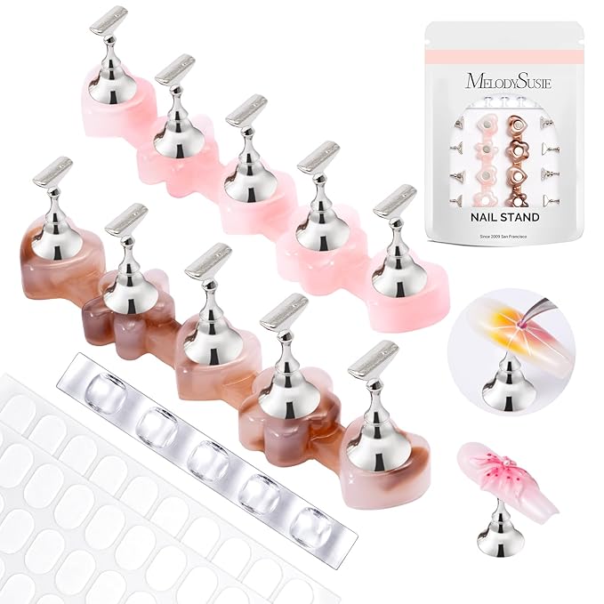 MelodySusie Nail Stand for Press Ons, Flower and Heart Shape Magnetic Base for Painting Display with Brush Holder and 100 Pcs Reusable Double-Sided Tape for Home DIY Salon Supplies, Pink and Coffee