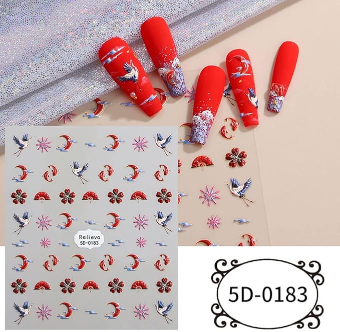 3Sheets 5D Nail Stickers Chinese Style Character Gold Red-Crowned Crane Propitious Cloud Nail Decals for New Year Acrylic Nail Art Design Supplies (Crane)
