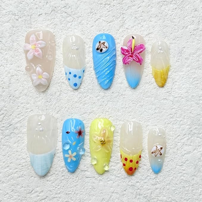 Handmade Press on Nails Medium Almond Flower Fake Nails with Glue,Muti-Layer Gel False Nails with 3D Flower Embossed Design Glitter Thick Press ons Nail Pearl Acrylic Nails for Women (Size S)