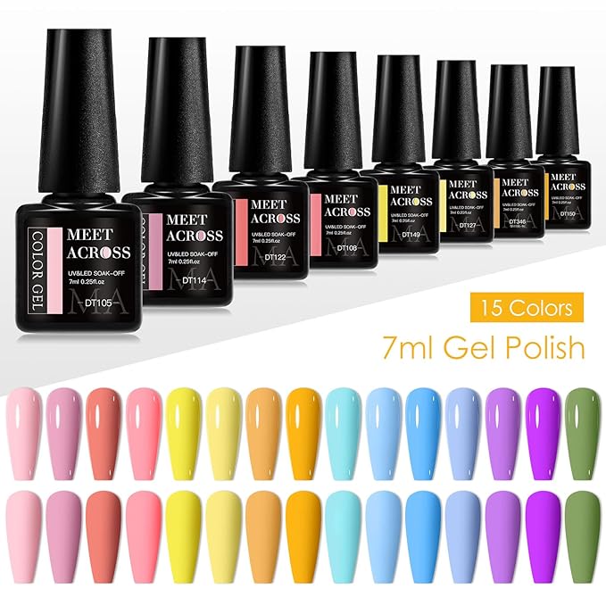 MEET ACROSS 18PCS Gel Nail Polish Set Nude Gel Polish Kit 15 Colors Pink Blue Yellow Orange Purple Green Nail Polish Kit Nail Art Manicure DIY Salon Home Women Gifts