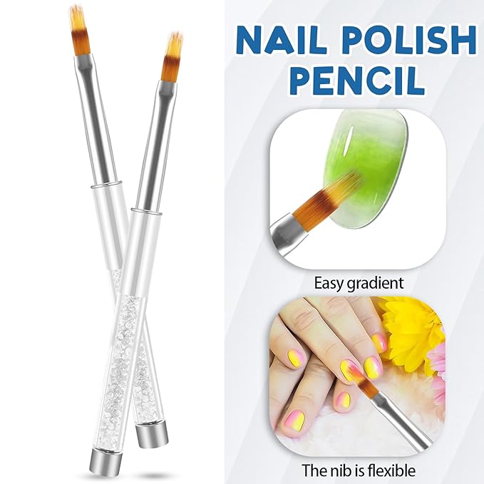 2 Pcs Nail Ombre Brush Nail Gradient Painting Brush Nails Art Brushes Manicure Tools with Rhinestone Handle UV Gel Polish Drawing Pen for Nails Design
