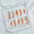 Almond Press on Nails Gradient French Tip Luxury False Nails Full Cover Handmade Press on Nails 3D Flower Water Ripple Designs Medium Thick Acrylic and Muti-Layer Gel Fake Nails for Women (Size S)