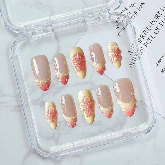 Almond Press on Nails Gradient French Tip Luxury False Nails Full Cover Handmade Press on Nails 3D Flower Water Ripple Designs Medium Thick Acrylic and Muti-Layer Gel Fake Nails for Women (Size M)