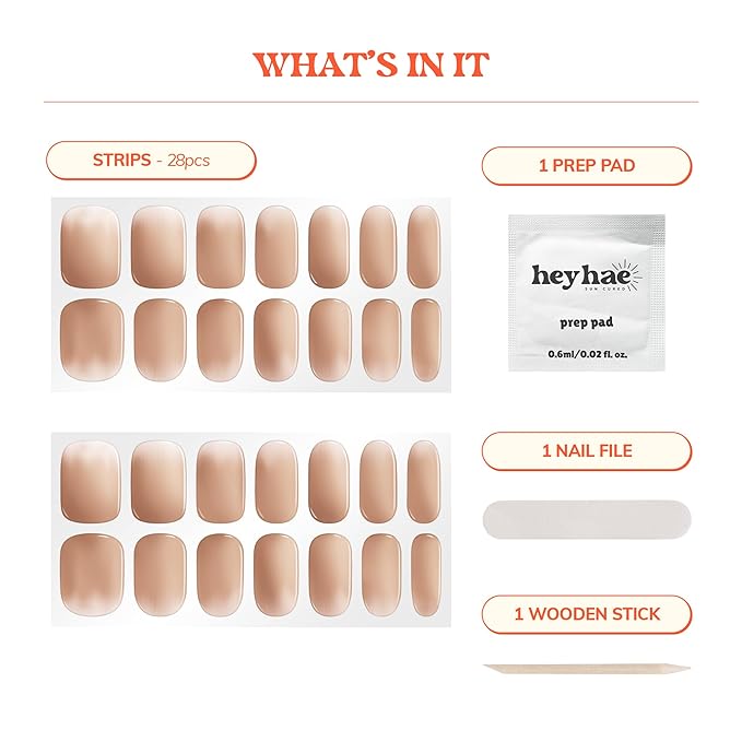 Heyhae Semi Cured Gel Nail Strips | No LED Lamp Needed | Ombre, Nude | Easy Apply & Remove, Salon Quality | Includes 28 Strips, 1 Prep Pads, Nail File & Wooden stick - Hey, You're Gorgeous