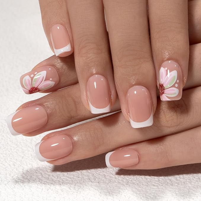 Curvlife Soft Gel Press on Nails, French Flower Nail Tips, Full Cover Short Design Reusable Fake Nails Kit with Glue and Adhesive Tabs