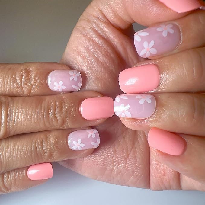 Pink Press on Nails Short Square Fake Nails Pink Full Cover Artificial False Nails with Floral Designs Acrylic Nails Reusable Glue on Nails Removable Stick on Nails for Women 24 Pcs