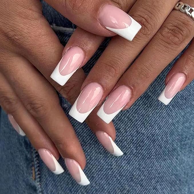 AddFavor 120pcs White French Tip Press on Nails Medium Square Fake Nails Nude False French Tip Nails Press ons Nail Acrylic Artificial Stick Nail with Adhesive Tab for Women Girls