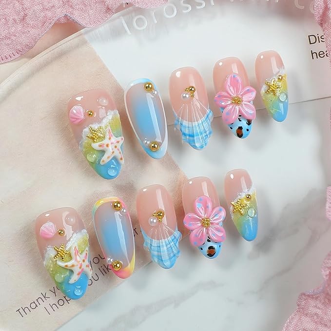 Handmade Press on Nails Summer Beach 3D Seashell Starfish False Nails Designs Full Cover French Thickened Acrylic Nails Flower Fake Nail Medium Almond Gradient Stick on Nail for Women (Size S)