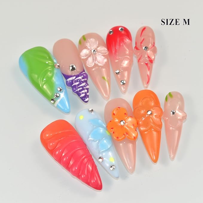 Handmade Press On Nails Long Stiletto Fake Nails Glue Stick On Nails with Flowers Bling Rhinestones