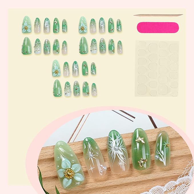 30Pcs Green Press on Nails Medium Almond Fake Nails with 3D Pearl Gold Beads Designs Stick on Nails 3D Flower Butterfly False Nails Spring Summer Acrylic Nails Silver Star Glue on Nails for Women