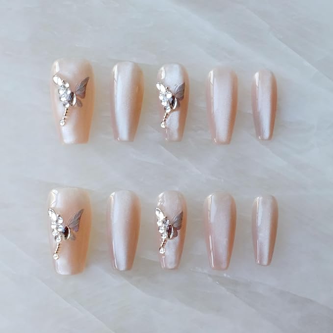 Press On Nails, Long Ballerina Coffin Shape, Nude Pink with Butterfly Rhinestone Design, Handmade False Nail 10 Pieces (Medium,LB)