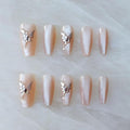 Press On Nails, Long Ballerina Coffin Shape, Nude Pink with Butterfly Rhinestone Design, Handmade False Nail 10 Pieces (Large,LB)