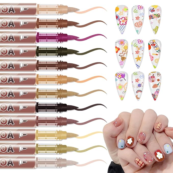 12 Colors Nail Art Pens Set, Nail Polish Pens Nail Art Drawing Markers Pen Quick Dry Waterproof Nail Art Painting Pens Kit for Home DIY Nail Art Design-Brown