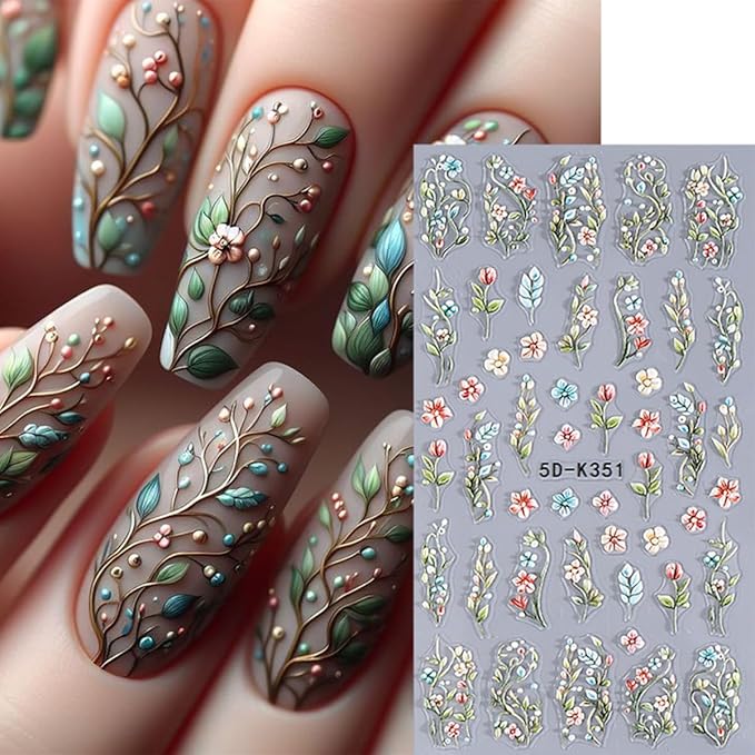 2 Sheets Spring Flower Nail Stickers Summer Embossed Flowers Nail Art Stickers Colorful Floral Leaf Nail Decals 5D Self-Adhesive Leaves Nails Supplies for Women Girls DIY Nail Accessories