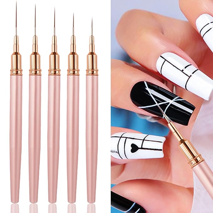 WOKOTO 5 Pcs Rose Gold Nail Art Liner Brushes Painting Nail Art Brush Set Nail Dotting Drawing Tool For Long Lines Thin Details Fine Drawing Sizes 5/8/12/15/20mm Liner Brushes With Metal Penholder
