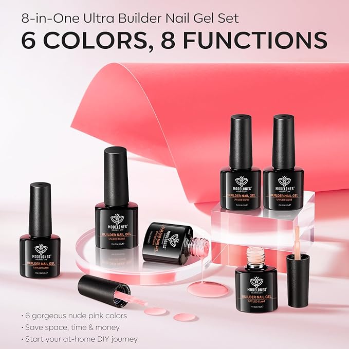 modelones Builder Nail Gel Polish Set, Base Colors 8-in-One Jelly Nude Pink Clear Builder Nail Gel for Nails Strengthener Hard Extension Rubber Lamp Cured 6 Colors