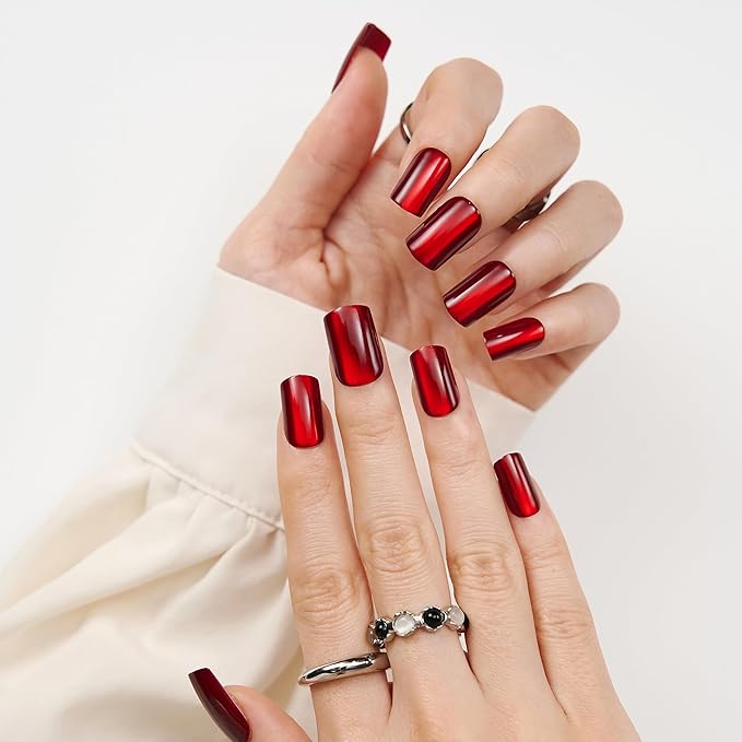 Burgundy Press On Nails Square - Cat Eye Fake Gel Nails, Glossy Sparkle Long-Lasting Chip-Free for Date Night or Fall Nails, 24 Pcs in 12 Sizes with Glue, Adhesive Tabs, File, Prep Pad, Manicure Stick