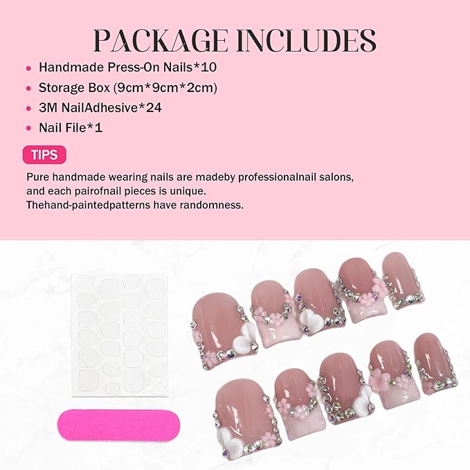 10Pcs 100% Handmade Press on Nails Short Square 3D Flower False Nails Luxury Rhinestone Design Pink French Tip Fake Nails Full Cover Glossy Acrylic Stick on Nail for Women Manicure (Size M)