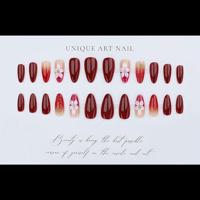 Red Press on Nails Medium Almond, Fake Nails with 5D Flower Design, Glossy Ombre Glue on Nail, Water Ripple French Tips Nails, Press ons Reusable, Gold Beads Acrylic Nail for Women Manicure