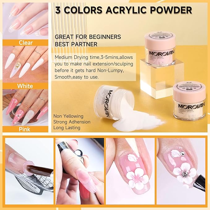 Morovan Acrylic Nail Kit for Beginners: Professional Nails Kit Acrylic Set With Everything Complete Starter Set - with 3 Colors Powder and Glitter Powder