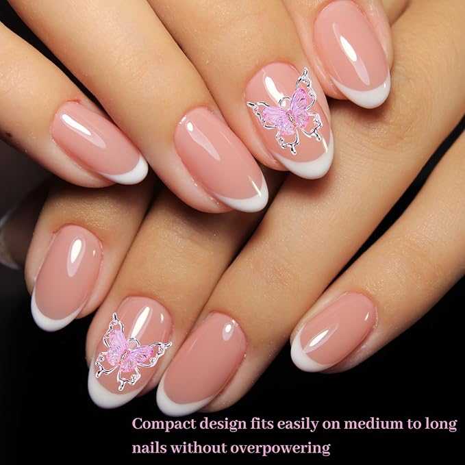 Bling Nail Charms Pink 3D Nail Charms and Gems Aurora Butterfly Cute Silver Cross Star Charms Chrome Heart Silver Y2K Nail Gems with Rhinestones Metallic Nail Art Accessories
