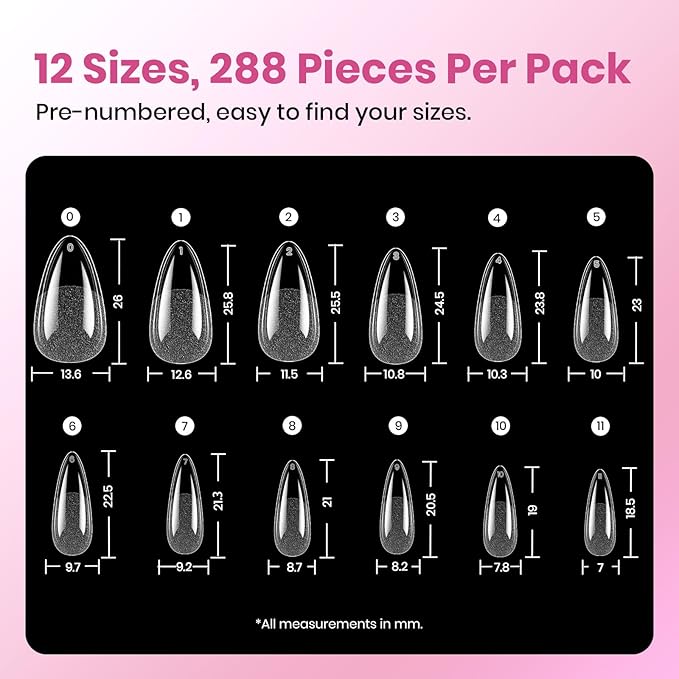 Beetles Gel Nail Kit Etch-X, Almond Medium, 288pcs 12 Sizes Nail tips, with 10ml Hema-Free Nail Glue Gel, for Acrylic and Clear Press On Nail, Pre-Etched Half Matte Extension Set for Home DIY