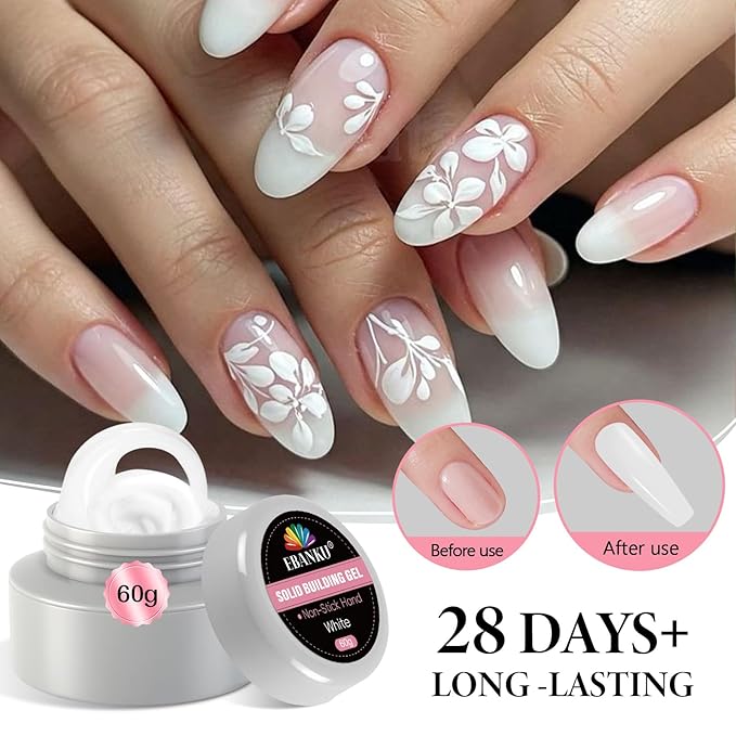 Solid Builder Gel for Nails, EBANKU White 60g/2.1oz No Stick Hand 3D Sculpting Gel for Nail Art, Hard Glue with 96Pcs Nail Forms Soak Off UV LED Manicure Salon DIY Gift