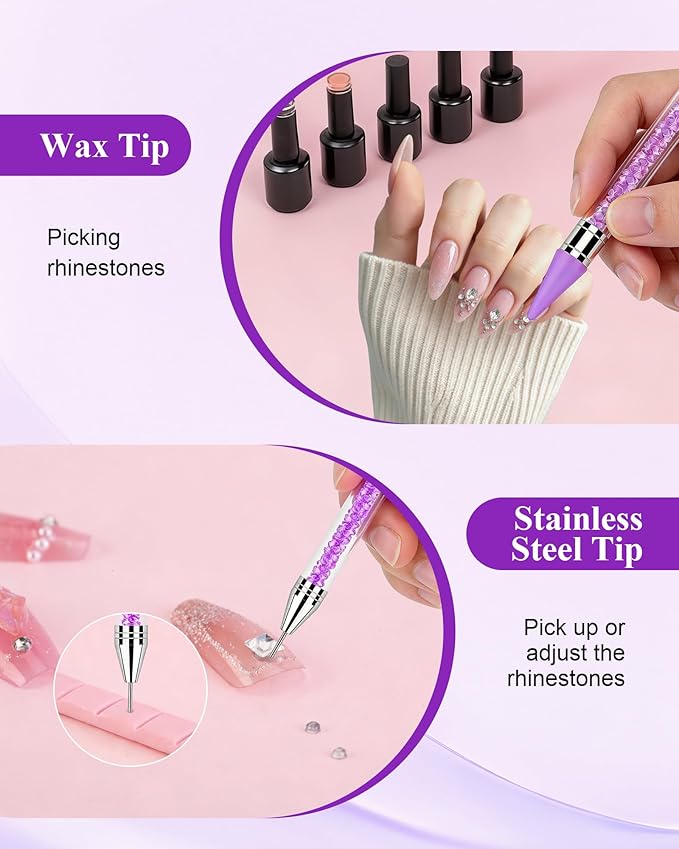Difenni Rhinestone Picker Tool, Wax Pencil for Rhinestones Tool, Dual-Ended DIY Nail Bedazzling Tools with 2 Extra Purple and 2 Extra White Replaceable Wax Head and 1 Tweezer(Purple and White)