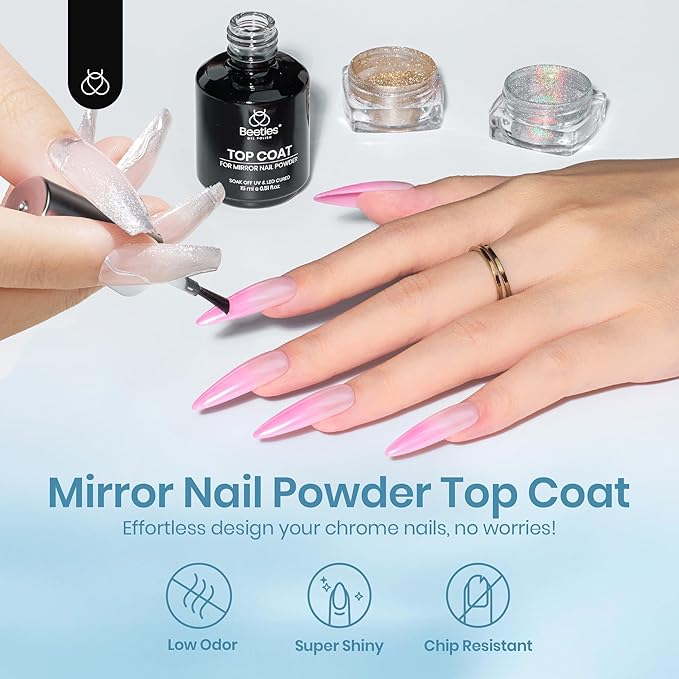 Beetles Gel Top Coat for Chrome Nail Powder: 15ml Mirror Shiny Chrome No Wipe Gloss Top coat Long Lasting Soak Off Nail Lamp for Nail Art Creation Gift
