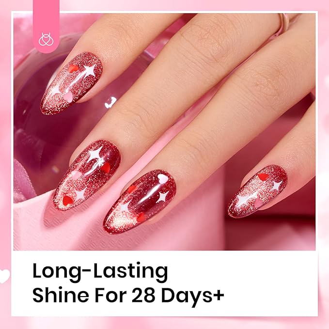 Beetles Spring Heart Glitter Top Coat Gel Polish, 15ml Clear Shine Pink & Red Heart Shape Gel, Soak Off UV No Wipe Gel Top Coat Sparkle Nail Gift for Women