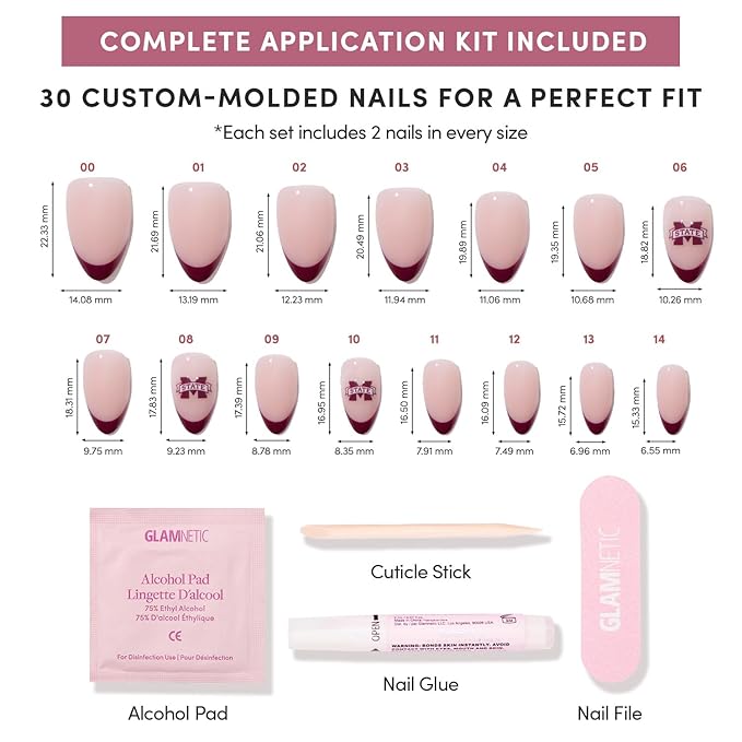 Glamnetic x Fanatics Press On Nails - Mississippi State Bulldogs | Short Almond Fake Nails, Collegiate Bulldogs Maroon French Tips, College Nails, Salon-Quality | 15 Sizes - 30 Nail Kit with Glue