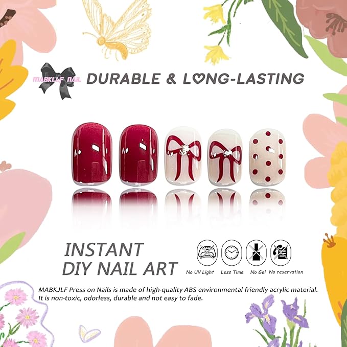 Valentines Press on Nails Extra Short Square MABKJLF Fake Nails False Nails with Wine Red Bow Polka Dots Rhinestones Designs Glossy Glue on Full Cover Acrylic Nails for Women Girls 24Pcs